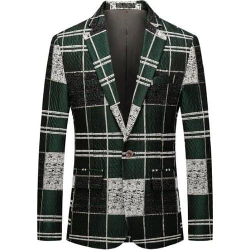 Mens suit single jacket European American urban style business casual cotton plaid clothing trajes para hombre fashion green