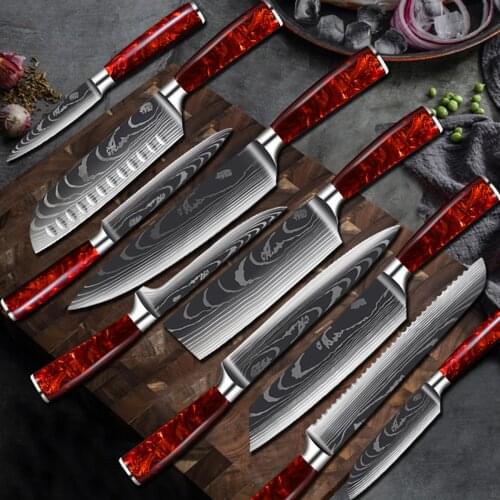 5Cr15 High Carbon Steel Kitchen Knife Set Damascus Laser Pattern Meat Cleaver Chefs Knives Set Cooking Cutting Tools