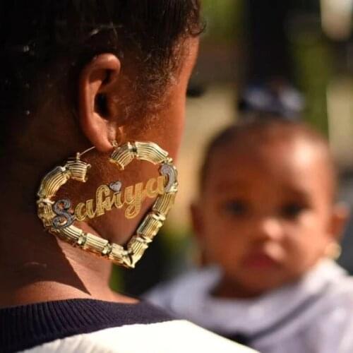 35mm 50mm 70mm Custom Earrings Love shape Hiphop Sexy Bamboo Hoop Earrings Customizable Customize Name Earrings Bamboo Style