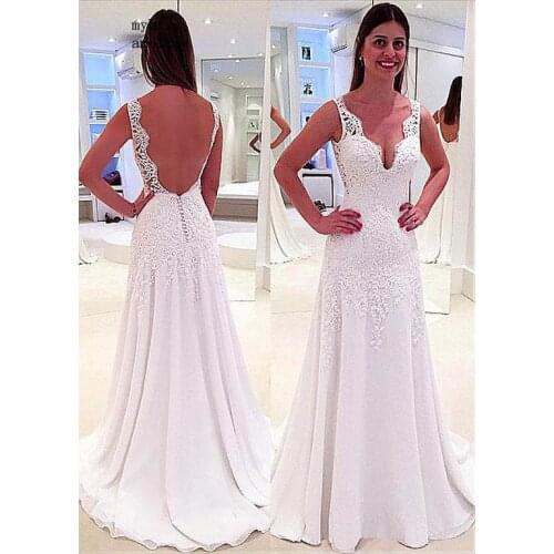 Boho Vestido De Noiva 2020 Cheap Wedding Dresses V-neck Chiffon Appliques Lace Backless Beach Dubai Arabic Wedding Gown Bridal