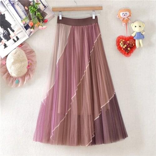 New Womens Color Contrast Mesh Skirt Medium Length Pleated Skirt A-line Elastic WaistSkirt