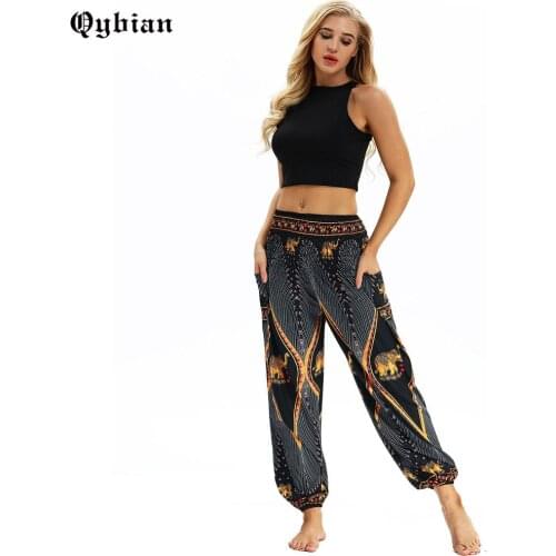 Qyiban 2018 Novelty Streetwear High Waist Pants Elastic Wide Waist Casual Yellow geometric elephant Harem Pants Bloomers Boho