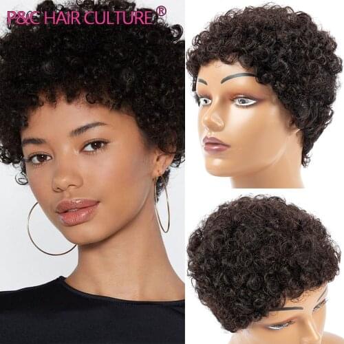 High Quality Pixie Cut Wig Blend Human Hair Wigs With Bangs For Black Women Ombre Short Curly Wave Wig Machine Made Glueless