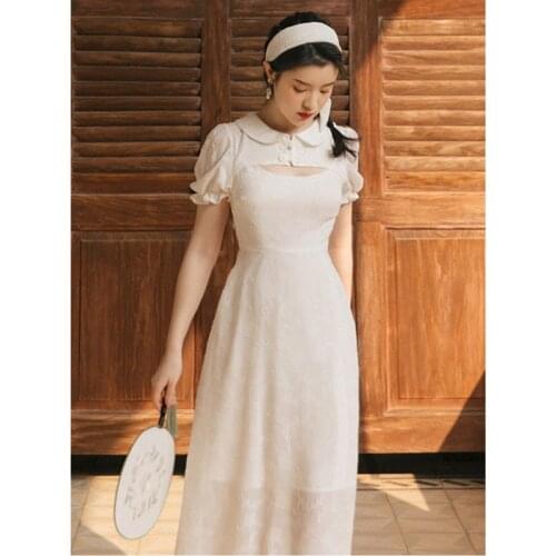 Peter pan Collar Hollow Sexy Chic French Jacquard Retro Dress Summer Puff Sleeve Fashion Elegant White Party Vestidos