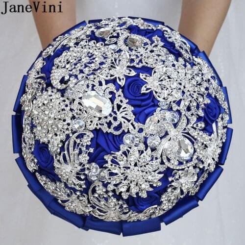 JaneVini Royal Blue Wedding Bouquets with Bling Rhinestones Satin Luxurious Bead Butterfly Crystal Jewelry Bridal Bouquet Brooch