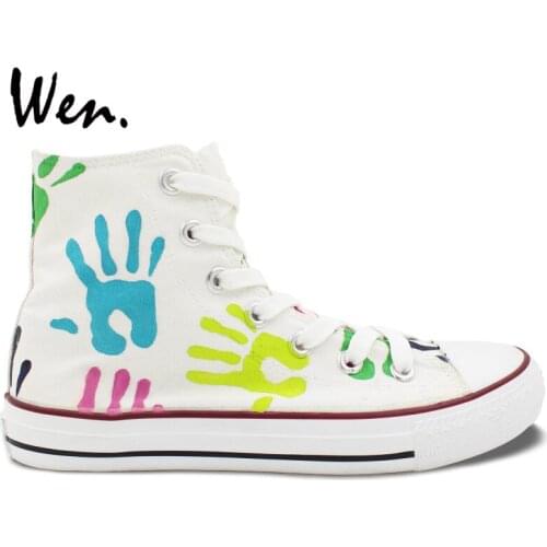 Wen Original Design Custom Hand Painted Shoes Colorful Palm Prints Men Womens High Top Canvas Sneakers Birthday Gifts
