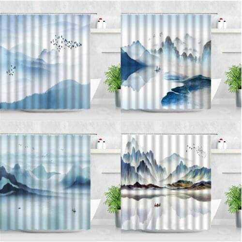 Natural Scenery Waterproof Shower Curtains 3D Chinese Style Ink Painting Art Landscape Modern Home Decor Screens Cloth Curtain