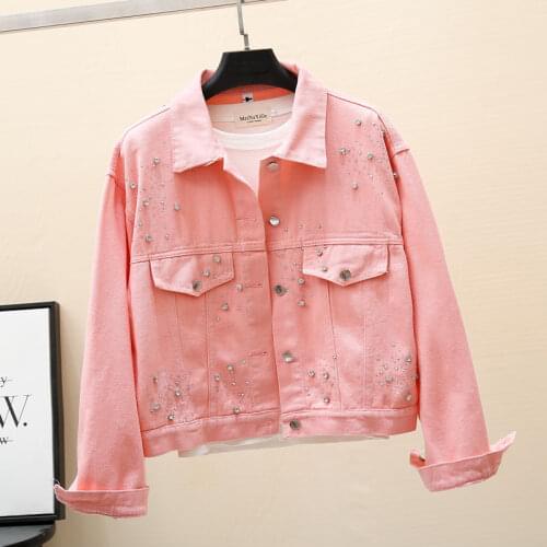 Korean Fashion Diamond Denim Jacket Women White Pink Yellow Outerwear Chaqueta Mujer Loose Short Jeans Jackets Coat Streetwear