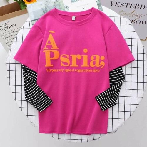 Plus size letters printing cotton O neck patchwork Tshirts sleeve women shirts 2021 new spring autumn casual lady pullovers tops