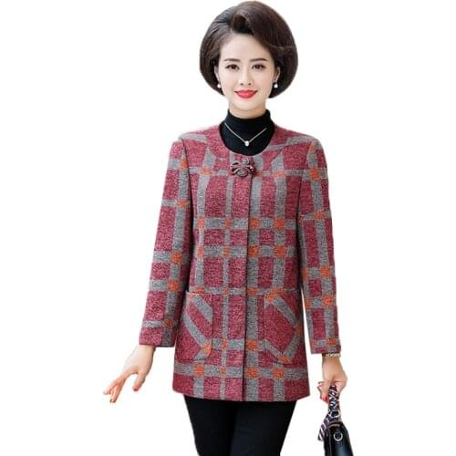 Women Lattice Coat 2020 Spring Autumn New Round Neck Single-breasted Jacket Mid-Long Female Outerwear Mother Dress Plus size 5XL