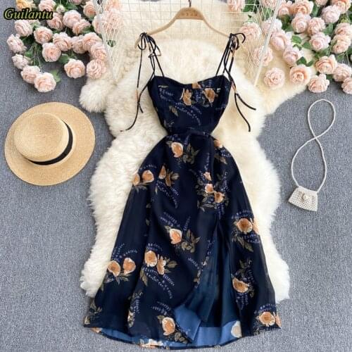 Guilantu Summer Vintage Beach Long Dress Women Fashion Print Floral Spaghetti Strap Backless Split Dress Sexy Club Party Dresses