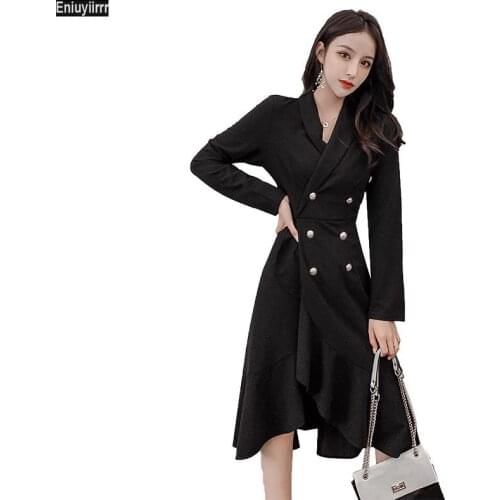 V-neck black Double Breasted Detail Asymmetrical Dress 2020 Autumn Office Lady Fit And Flare A Line Elegant Dresses