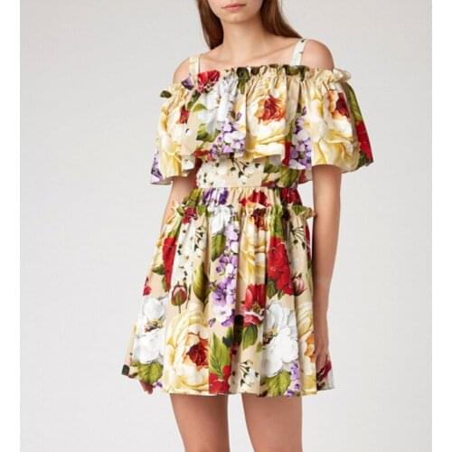 Runway Summer Ruffles Cloak Dress Women Off the Shoulder Spaghetti Strap Dress Female Floral Print Holiday Elegant Short Dresses