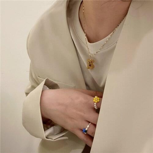 European and American Retro Titanium Steel Bear Necklaces Female Geometric Color Protection Necklace Temperament Cute Gift 2021