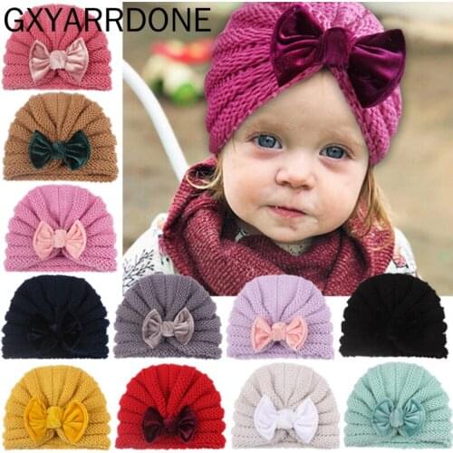 2021 Knitted Baby Winter Hat Baby Velvet Bows Beanie Turban Hats Kids Cap Newborn Bowknot Hat For Girls Toddler Accessories