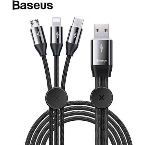 Baseus 3 in 1 LED USB Cable Type C for Samsung S10 S9 iPhone 11Pro Max XR USB Charger Cable for Car Micro USB Cable USB-C Wire