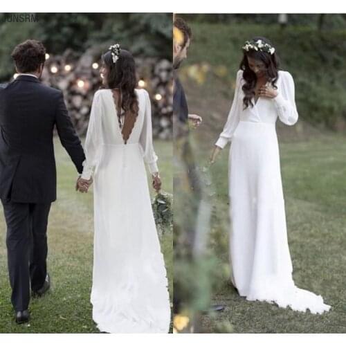 Bohemian Vintage Wedding Dresses V Neck Backless Chiffon Beach Garden Country Wedding Dress Plus Size Bridal Gowns Custom Made