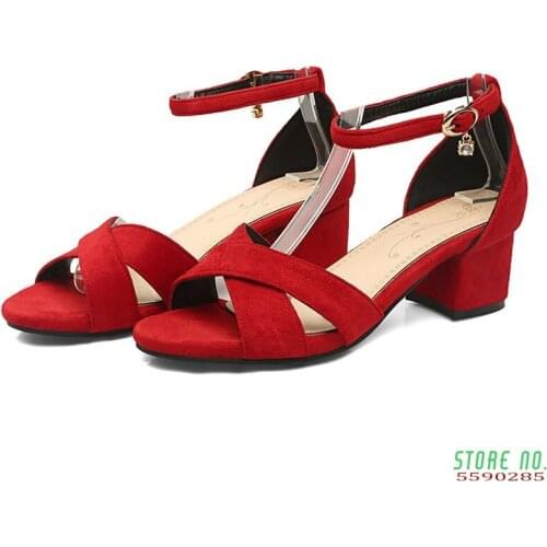 Big Size Women Sandals 5cm High Thick Block Heels Red Blue Black Flock Open Toe Casual Party Cross Ankle Strap Summer Lady Shoes