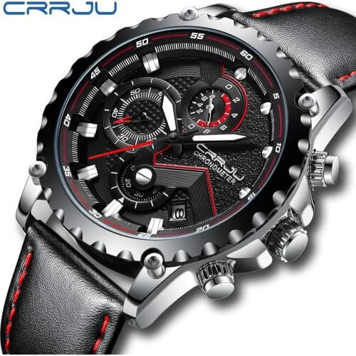 CRRJU Men sports Watches Male Fashion Business quartz-watch Men Leather Waterproof Clock Man Auto Date Multifunction Watches