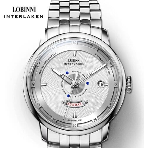LOBINNI Fashion Sapphire Glass Waterproof Automatic Men Watch Stainless Steel Men Mechanical Watch Date Week Display Wristwatch