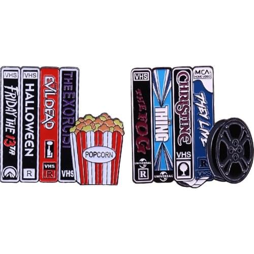 Classic Horror Movie Tapes VHS Popcorn Halloween Enamel Brooch Pins Badge Lapel Pin Alloy Metal Fashion Jewelry Accessories Gift