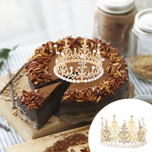 Crown Cake Topper Decoration with Rhinestones and Pearls Vintage Style Royal Centerpiece Headband Crown for Party Wedding(Golden