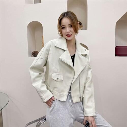 Short Loose Coffee color Faux PU Leather Coat 2021 Spring Plus size Lapel Long sleeve Motorcycle Biker Jackets Female Streetwear