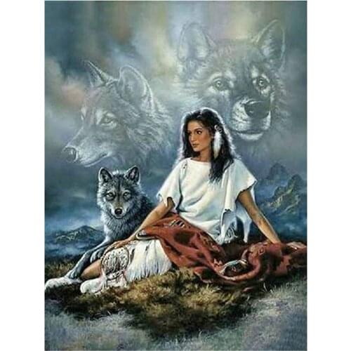 Indian Woman Wolf Animal DIY Embroidery 11CT Cross Stitch Kits Craft Needlework Set Printed Canvas Cotton Thread Home Room