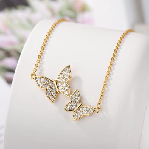 New Korean Jewelry Exquisite Copper Inlay Luxury Shiny Zircon Butterfly Necklace Pendant for Women Charm Chains wholesale Gift