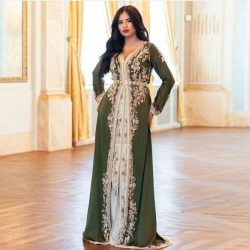 Elegant V neck Long Sleeve Moroccan Kaftan Prom Dress Muslim Arabic Evening Gown Lace Appliques Special Occasion Dresses Custom