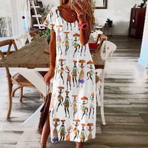 Casual Short Sleeve Long Summer Dress Women Ethnic Style Digital Print Maxi Dresses Ladies Loose Split Beach Sundress Vestidos