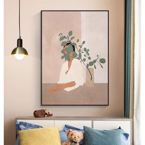 Retro Fashion Sexy Woman Leaves Black Cat Art Poster Abstract Canvas Painting Nordic Posters and Prints Home Bedroom Decoration