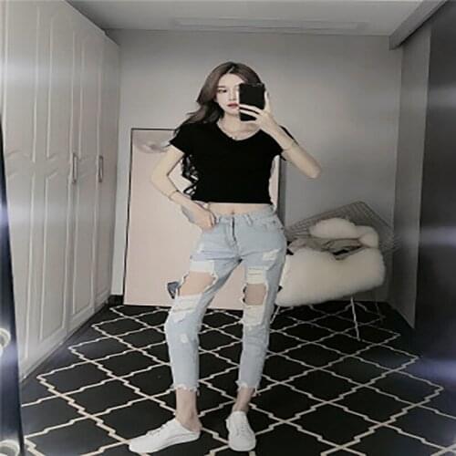 Ripped Jeans Summer Women Thin 2020 New Style Temperament Loose High Waist Slimming Straight Tube Nine Minutes Beggar Pants