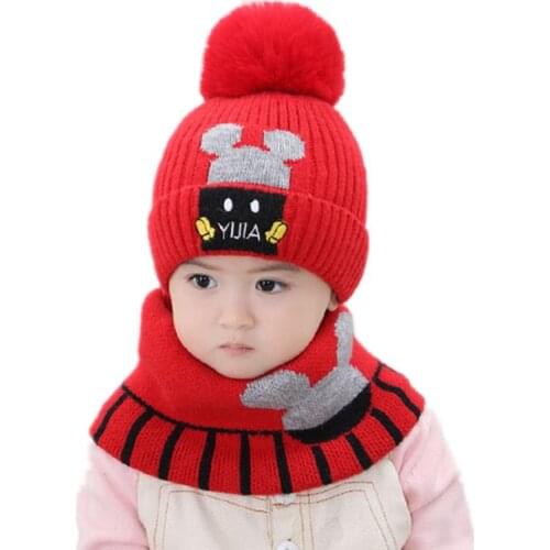 Childrens Winter Hat Child Baby Hat For Girls Cartoon Ball Warm Hats for Girls Boy Winter Cap + Scarf Infant Newborn kids Cap