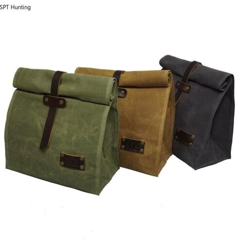 Waxed Canvas Leather Lunch Bag Plastic-Free Waterproof Lunch Box Handbag Dinner Bento Pouch for Work or School Food Storage Bags