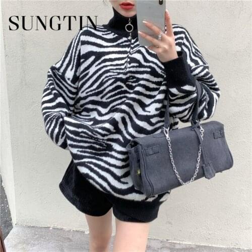 Sungtin Half Zipper Zebra Print Pullover Sweater Sweater Womens Turtleneck Loose Jumper Female Harajuku Oversized Sweater Ribbed