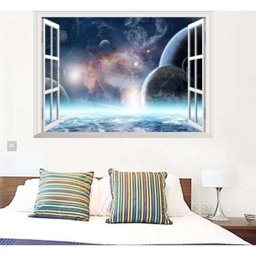 3d vivid window outer space solar system wall stickers planets earth wall decals living room bedroom mural art