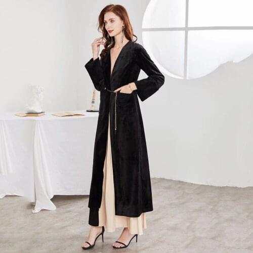 2021 Oversize Velvet Jacket Long Arab Middle East Loose Casual Ladies Robe Moroccan Tunic Muslim Cardigan Robe Black Abaya