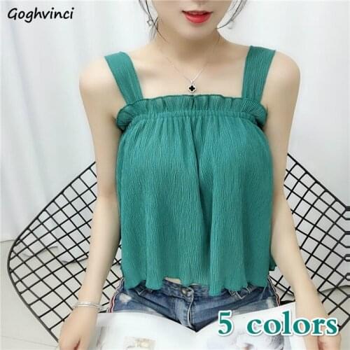 Camis Women Spaghetti Strap Solid Chiffon Ruched Pleated Fungus-line Elegant Fashion All-match Womens Camisoles Chic Ulzzang New