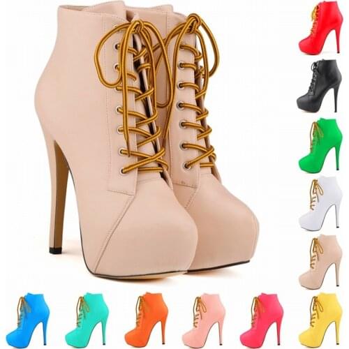 2021 New Autumn Womens Ankle Boots High Heels Platform Lace Up Shoes Women Leather Short Booties Fashion Party Boots Round Toe