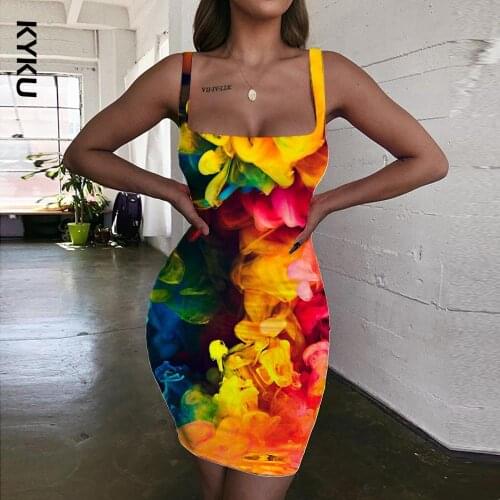 KYKU Brand Colorful Dresses Women abstract Halter Sleeveless Smoke cloud 3d Print art Sundress Womens Clothing Party New Beach