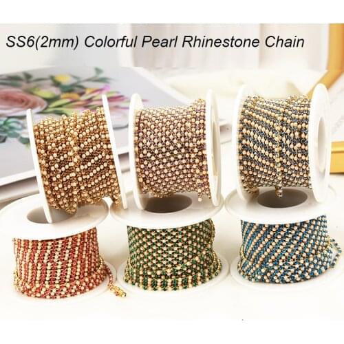 2.3mm 10yards Gold Pearl Rhinestone Cup Chain Ribbon Glass Dense Rhinestone Pearl Chain Trim Apparel Cup Chain For Garment