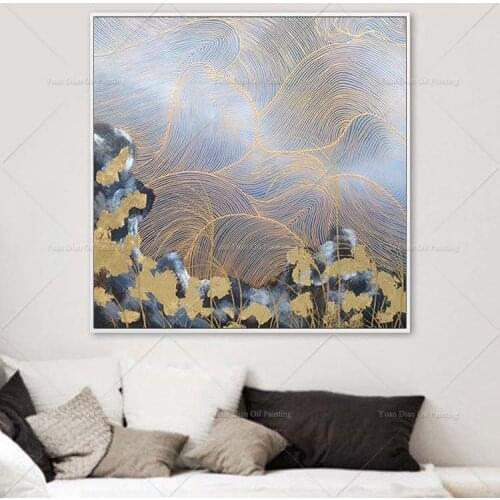Gold Line Flower Big SIZE Abstract Canvas Painting Living Room Restaurant Decoration Picture Wall Art Hand Painted Oil Painting