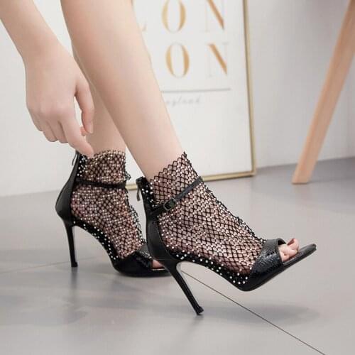 Summer Sexy Solid Color Hollow High-Top Rhinestone Fish Mouth Shoes Temperament High-Heeled Ladies Sandals Large Size 35-42