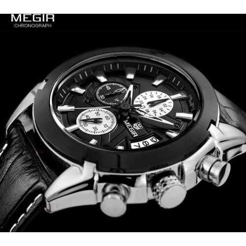 MEGIR Chronograph Casual Watch Men Luxury Brand Quartz Military Sport Watch Genuine Leather Mens Wristwatch