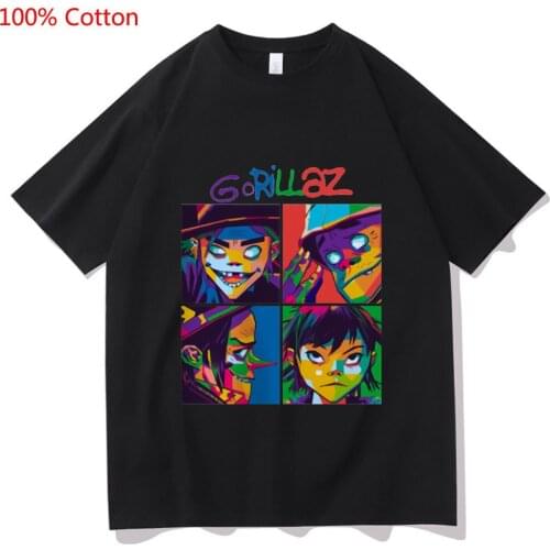 Gorillaz Music Band Hat Pattern T Shirts Men Women Comfortable Black Tee Summer Mens Korean Trend Tshirt Oversized EU Size Tops