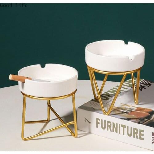Simple Wrought Iron Bracket Geometric Windproof Ceramic Ashtray Home Living Room Office Desktop Holder Hotel Office Ornaments