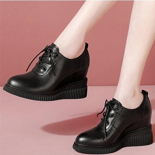 Wedges Fashion Sneakers Women Genuine Leather High Heel Ankle Boots Female Lace Up Platform Pumps Shoes Round Toe Oxfords Shoes