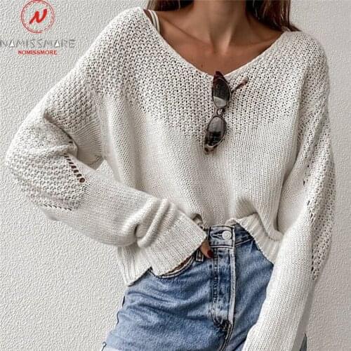 Fashion Women Solid Color Sweaters Hollow Out Design See Through V-Neck Long Sleeve Spring Autumn Pullovers Knitted Top