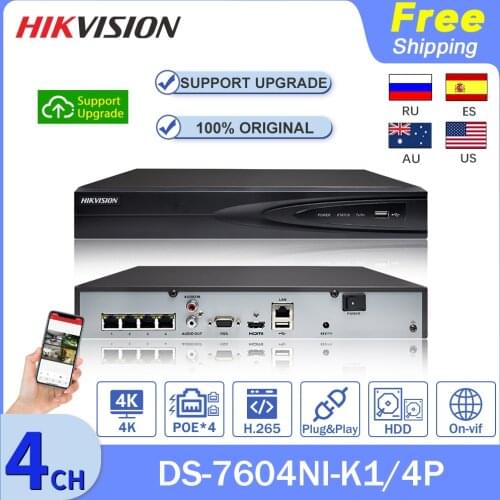 Original Hikvision NVR 4CH 4K 8MP DS-7604NI-K1/4P 4PoE 1SATA H.265 Network Video Camera Recorder Surveillance P2P CCTV System
